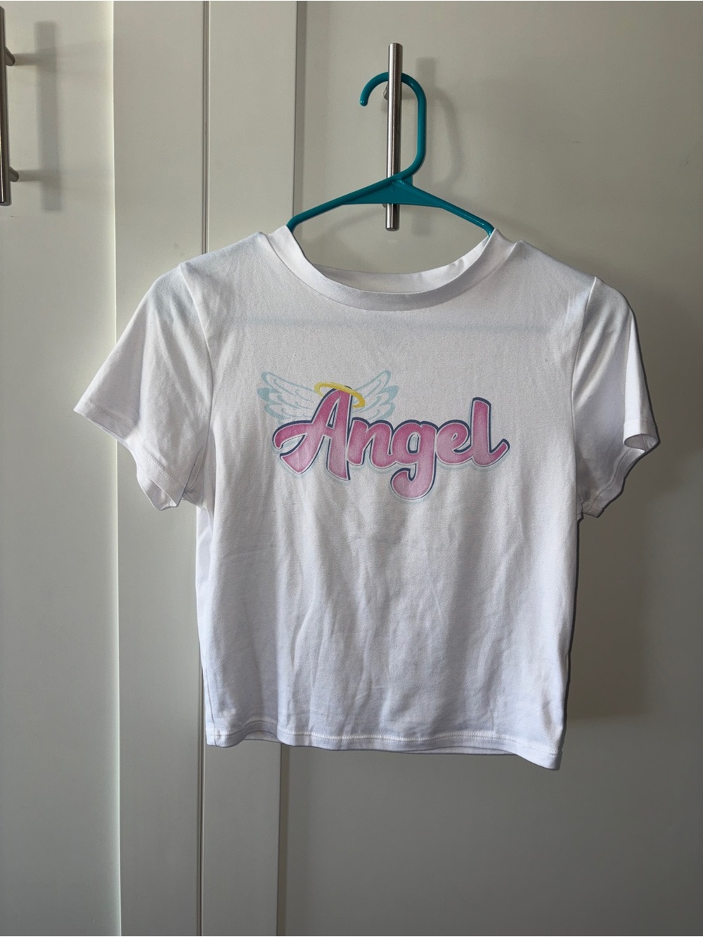 Angel Graphic Short Sleeve Tee - White with Pink Script